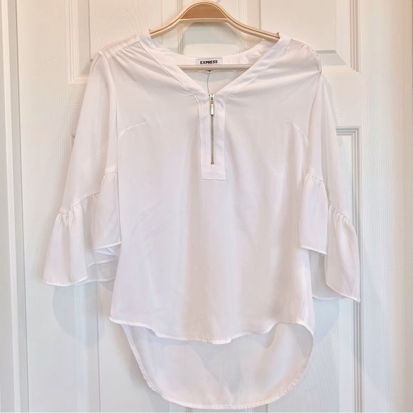 Express White Zip-Front Chiffon Hi-Low Hem Ruffle Sleeves Shirt - Picture 1 of 5
